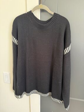 Black Crewneck Sweater with White Stripe Accents